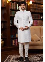 Jacquard Silk Off White Wedding Wear Hand Work Readymade Sherwani